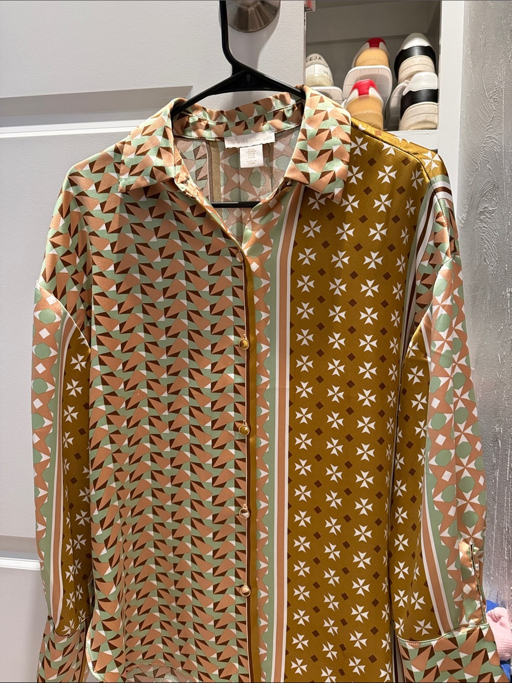 Geometric & Star Print Button-Up Blouse in Mustard, Sage, Peach